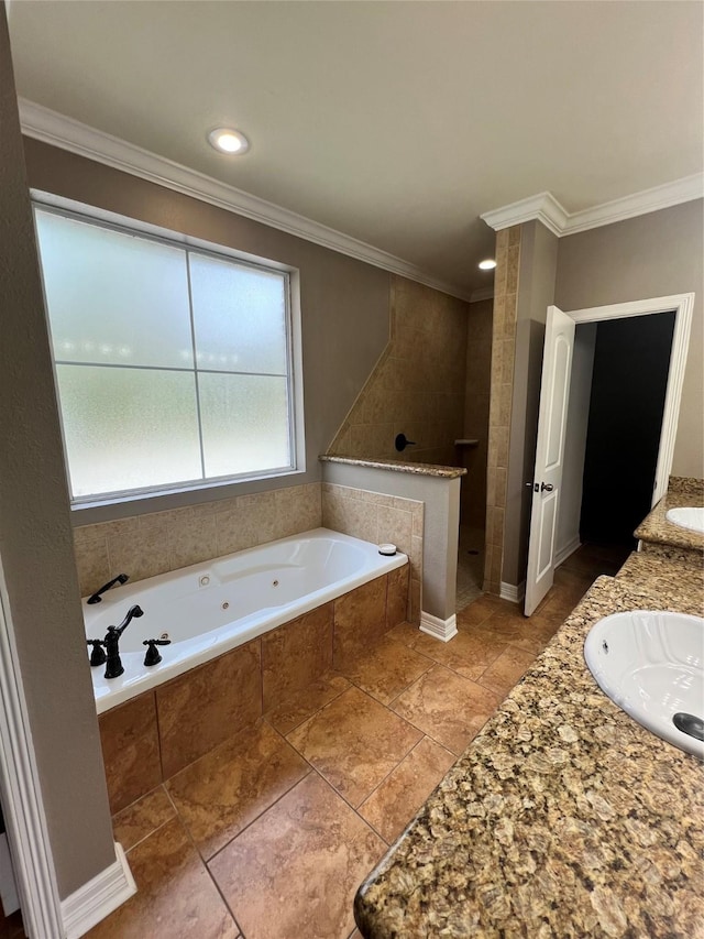 bathroom with crown molding, vanity, and independent shower and bath