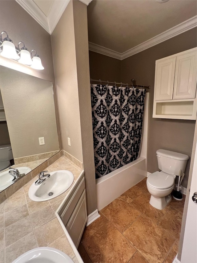 full bathroom with ornamental molding, vanity, shower / bath combo with shower curtain, and toilet