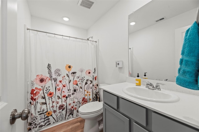 bathroom featuring vanity, wood-type flooring, and toilet