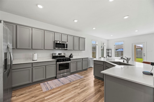 kitchen featuring stainless steel appliances, gray cabinets, sink, and light hardwood / wood-style floors