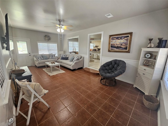 living room featuring ceiling fan