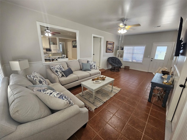 living room with ceiling fan