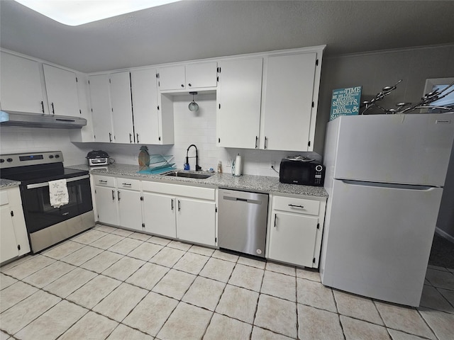 kitchen featuring appliances with stainless steel finishes, sink, white cabinets, and decorative backsplash