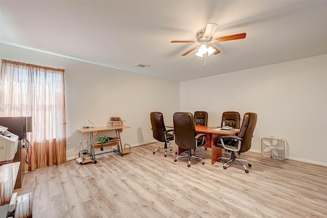 home office featuring ceiling fan and light wood-type flooring