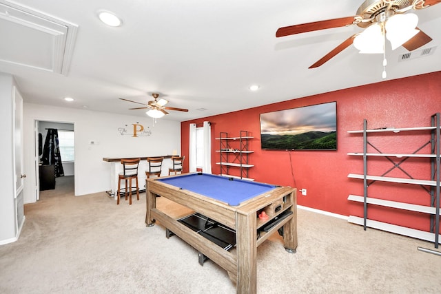 game room featuring billiards, ceiling fan, and carpet flooring