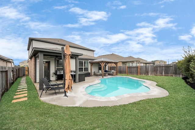 view of swimming pool with a patio, outdoor lounge area, area for grilling, a yard, and a gazebo