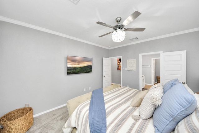 bedroom with ceiling fan, ornamental molding, and light carpet