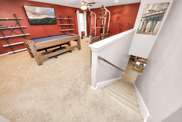 game room featuring carpet, ceiling fan, and billiards