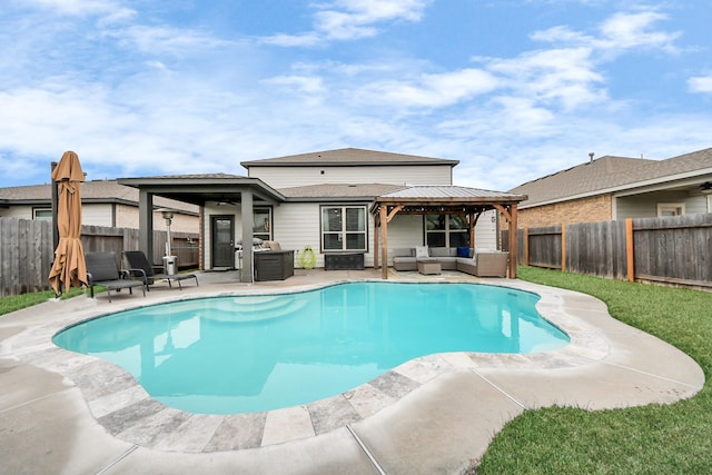 view of pool featuring an outdoor living space, a gazebo, and a patio area