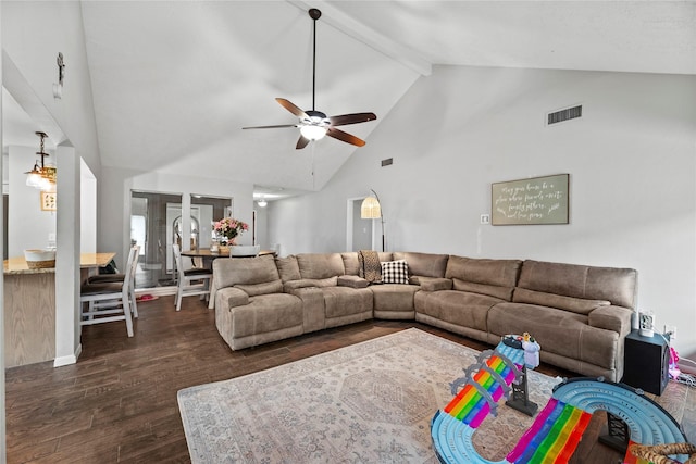 living room featuring beam ceiling, high vaulted ceiling, dark hardwood / wood-style floors, and ceiling fan