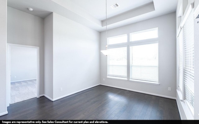 spare room with a tray ceiling and dark hardwood / wood-style flooring