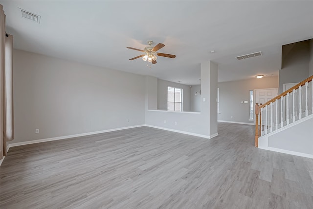 unfurnished living room with ceiling fan and light wood-type flooring