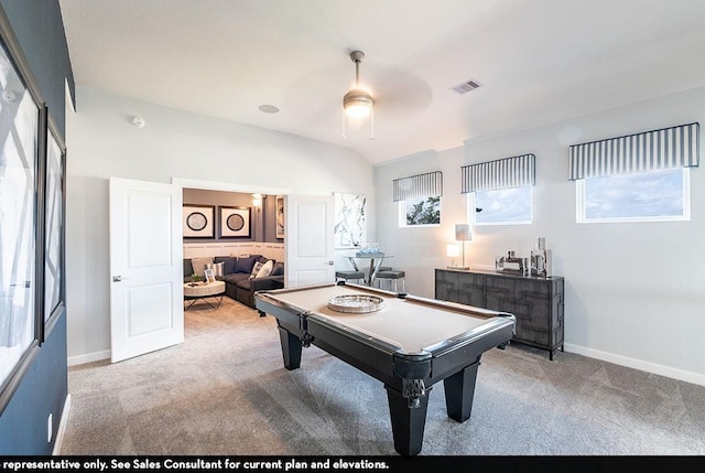 recreation room with lofted ceiling, pool table, light colored carpet, and ceiling fan