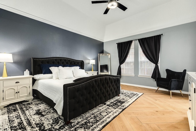 bedroom featuring light parquet flooring and ceiling fan