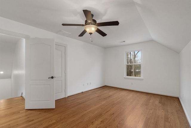 bonus room featuring ceiling fan, lofted ceiling, and light hardwood / wood-style floors