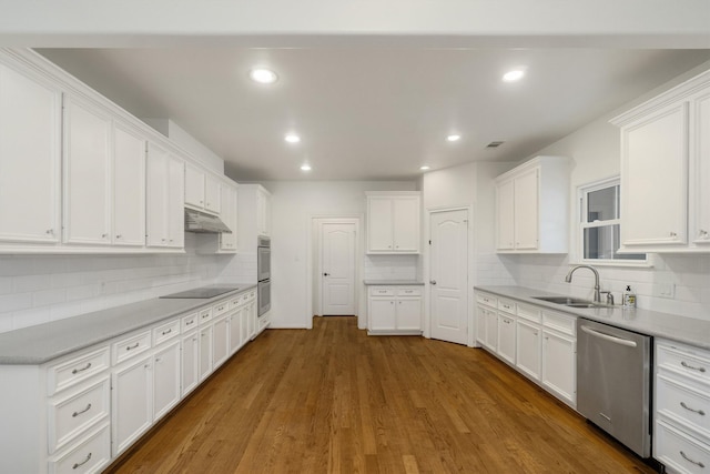 kitchen featuring sink, white cabinetry, black electric stovetop, dark hardwood / wood-style flooring, and stainless steel dishwasher