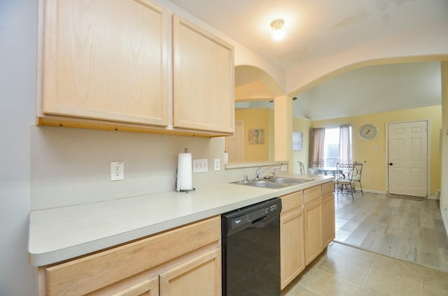 kitchen featuring light tile patterned floors, dishwasher, sink, and light brown cabinets