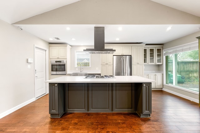 kitchen featuring island exhaust hood, stainless steel appliances, a large island, and lofted ceiling