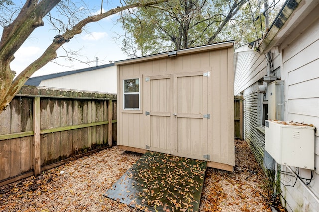 view of shed with a fenced backyard