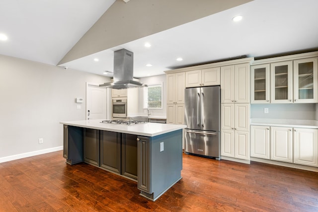 kitchen with lofted ceiling, dark wood-type flooring, stainless steel appliances, a center island, and island exhaust hood