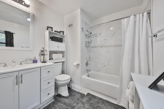 full bathroom with vanity, toilet, and shower / bath combo with shower curtain