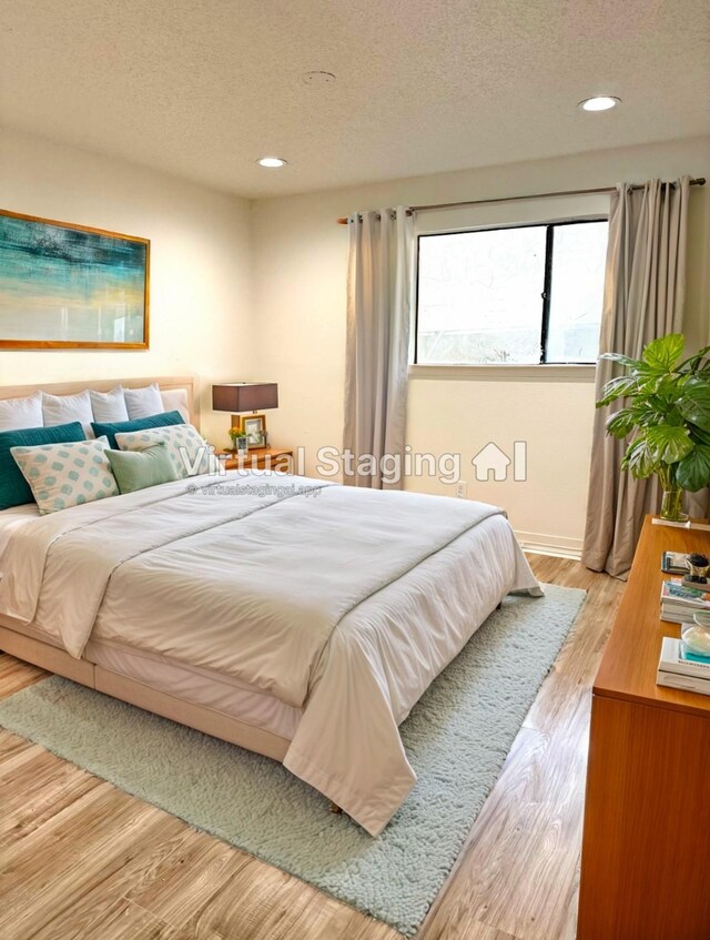 bedroom with hardwood / wood-style floors and a textured ceiling