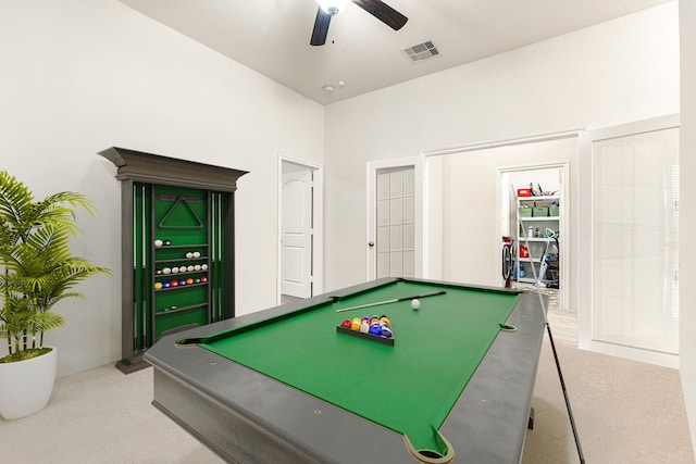 game room with light carpet, ceiling fan, and billiards