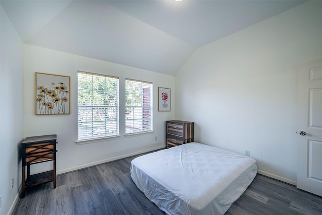 bedroom featuring lofted ceiling and dark hardwood / wood-style flooring