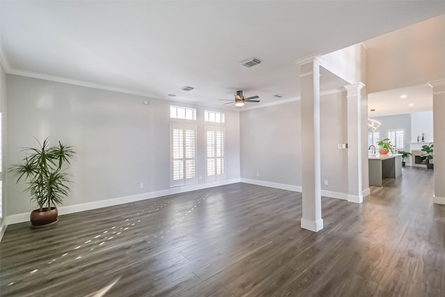 unfurnished room featuring dark hardwood / wood-style flooring, a wealth of natural light, ornamental molding, and ornate columns