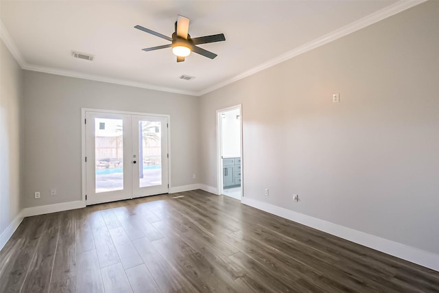 unfurnished room with crown molding, dark wood-type flooring, ceiling fan, and french doors