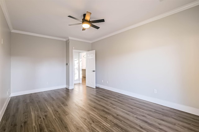 unfurnished room featuring crown molding, ceiling fan, and dark hardwood / wood-style flooring