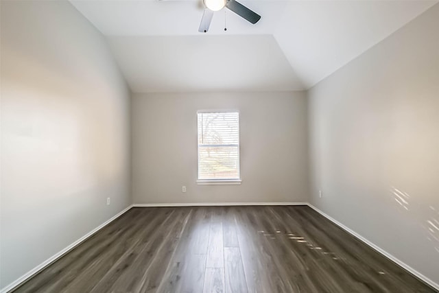 unfurnished room with lofted ceiling, dark hardwood / wood-style floors, and ceiling fan