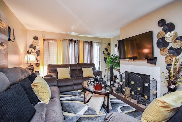 living room featuring a fireplace