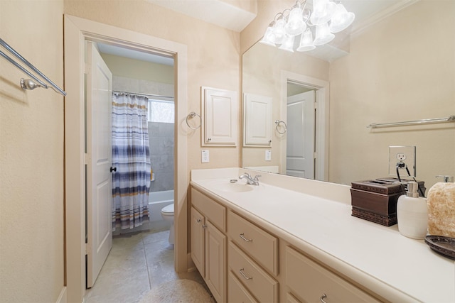 full bathroom featuring vanity, shower / tub combo with curtain, tile patterned floors, and toilet