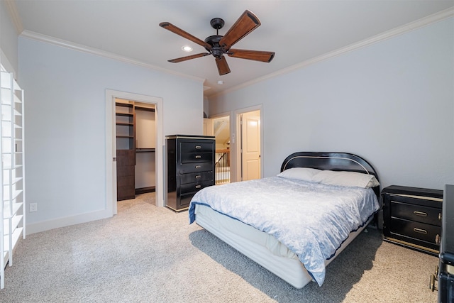 carpeted bedroom featuring a spacious closet, ornamental molding, a closet, and ceiling fan