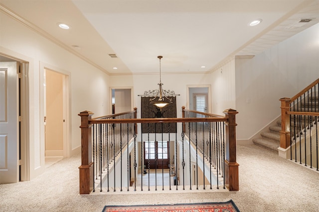 corridor featuring ornamental molding and carpet flooring