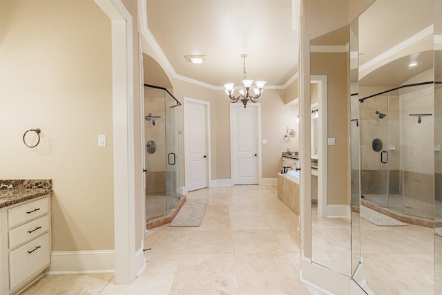 bathroom with crown molding, vanity, shower with separate bathtub, and a notable chandelier