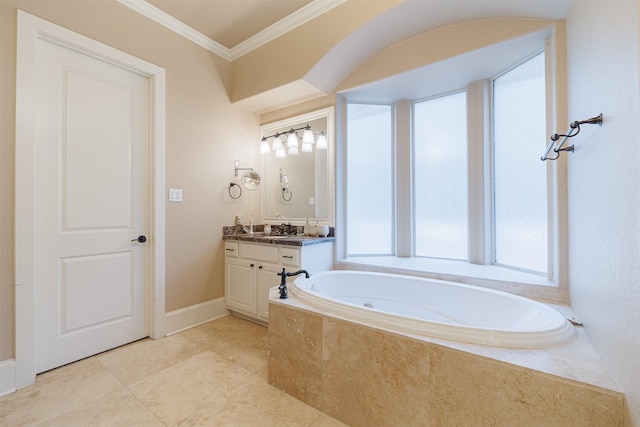 bathroom featuring a relaxing tiled tub, ornamental molding, vanity, and plenty of natural light