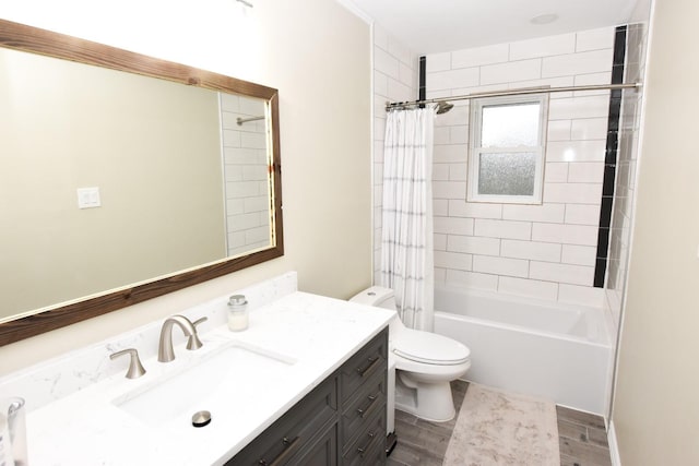 full bathroom with vanity, toilet, and shower / bathtub combination with curtain