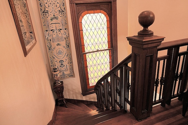 stairs featuring hardwood / wood-style flooring