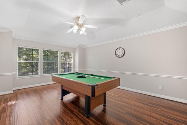 game room featuring ornamental molding, pool table, ceiling fan, and dark hardwood / wood-style flooring