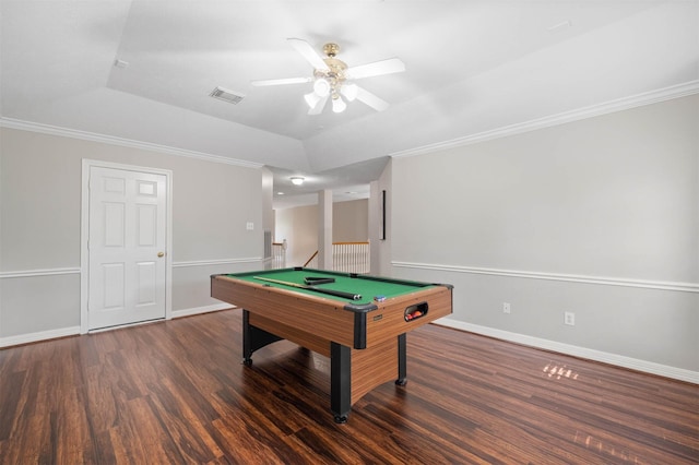 game room with a raised ceiling, crown molding, dark hardwood / wood-style floors, and billiards