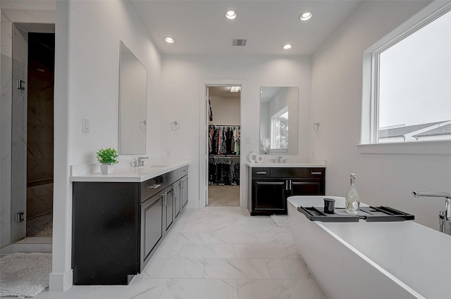 bathroom with vanity and independent shower and bath