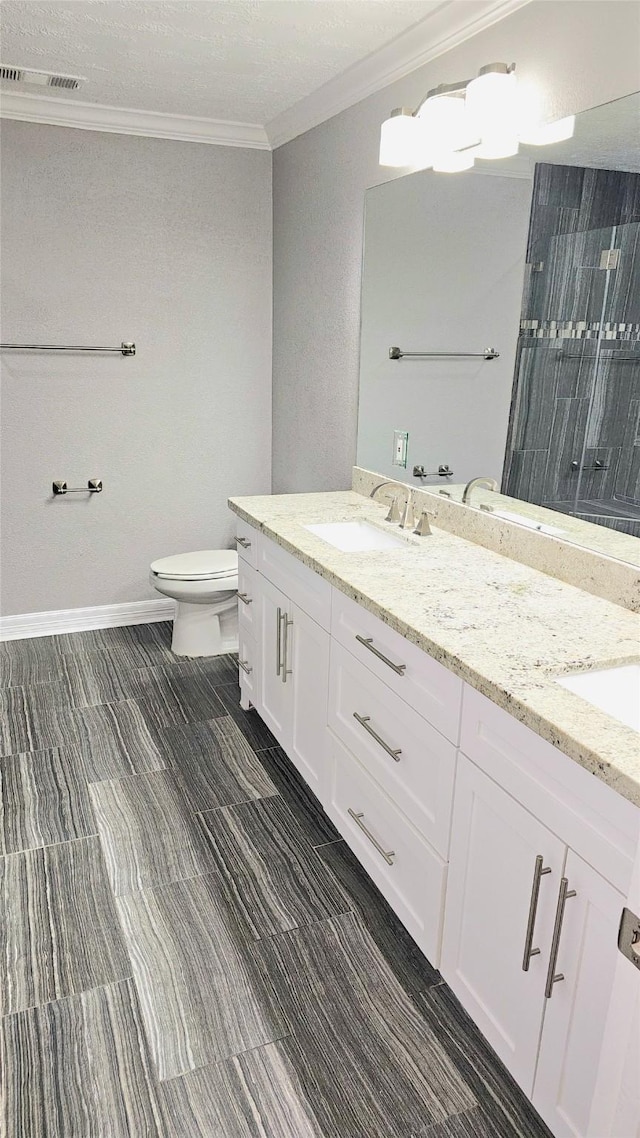 bathroom with vanity, ornamental molding, and toilet