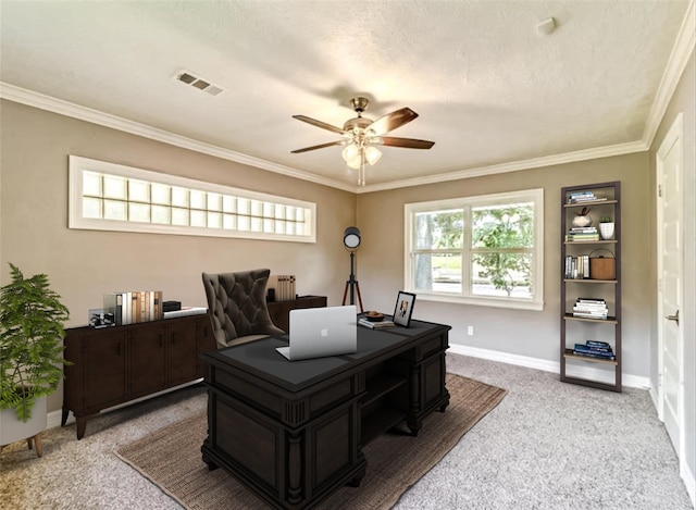 home office with crown molding, ceiling fan, carpet, and a textured ceiling