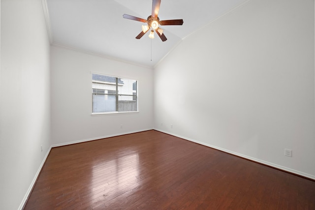 unfurnished room featuring crown molding, lofted ceiling, ceiling fan, and dark hardwood / wood-style flooring