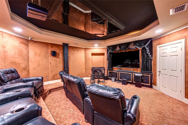 carpeted cinema with a tray ceiling