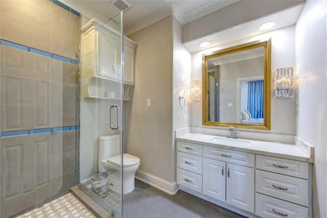 bathroom with vanity, an enclosed shower, crown molding, and toilet