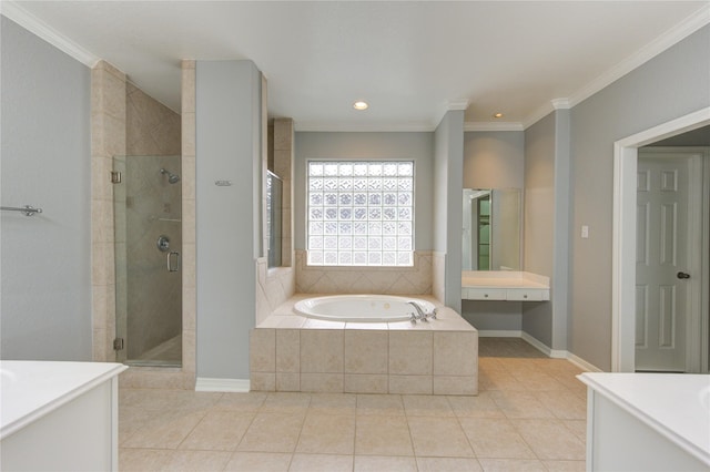 bathroom with tile patterned floors, vanity, shower with separate bathtub, and ornamental molding