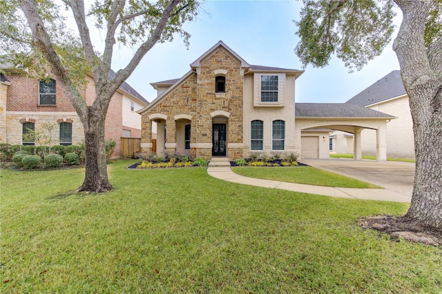 view of front of house featuring a garage, a front yard, and a carport